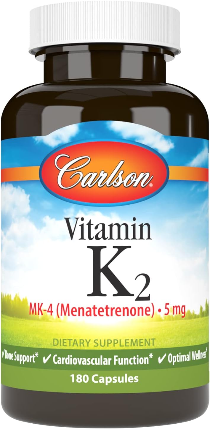 Carlson - Vitamina K2, MK-4 (Menatetrenona), Suplemento de Vitamina K, Salud Ósea y Cardíaca, Sin Soja, 180 Cápsulas