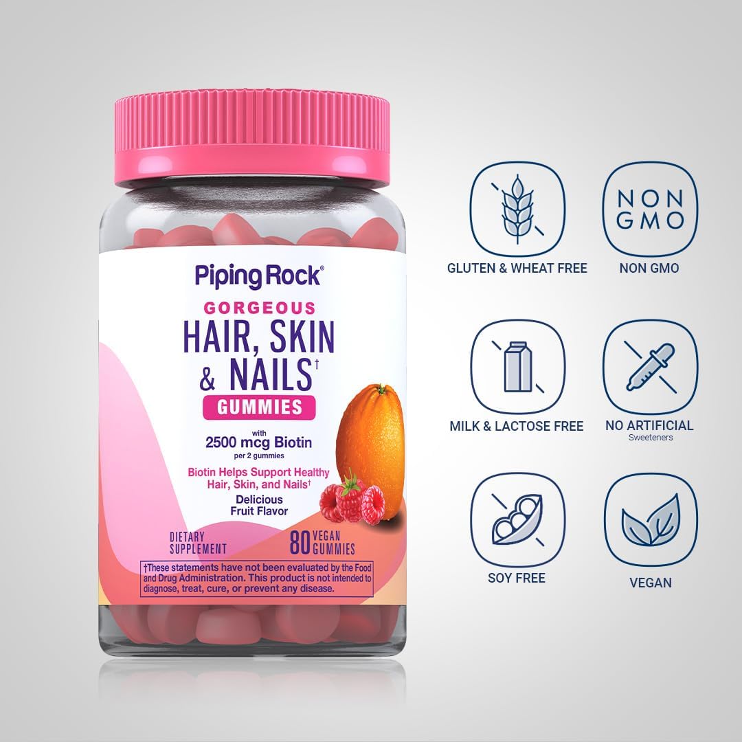 Piping Rock Vitaminas para Cabello, Piel y Uñas - 80 Gominolas - 2500 μg de Biotina - Multivitamínico con Vitamina C y E - Sabor Fruta - Vegano, Sin OGM, Sin Gluten