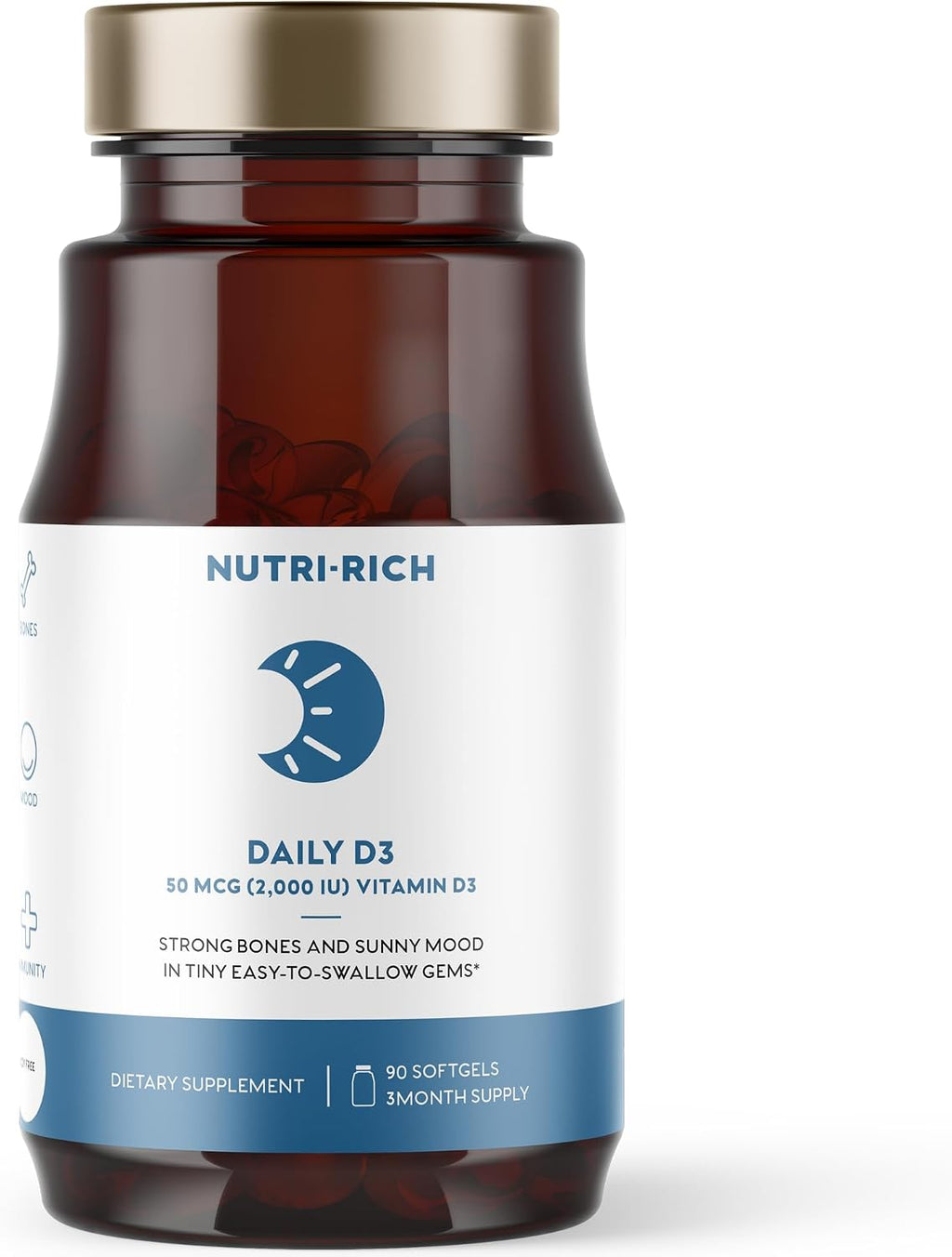 Nutri-Rich Vitamina D3 2000 UI (50 mcg) – Alta Potencia con Aceite MCT, No OGM, Sin Gluten, 90 Cápsulas Blandas