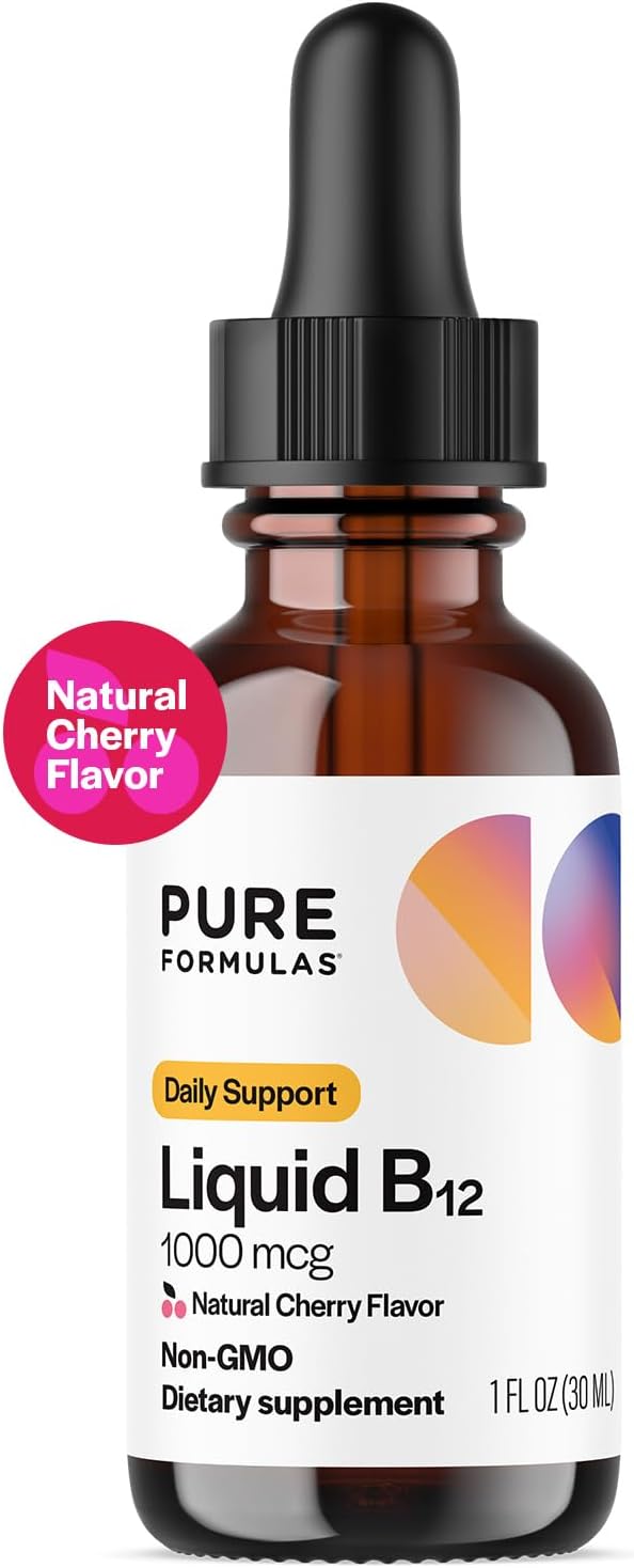 PureFormulas Vitamina B12 1000 mcg - Gotas Sublinguales Sabor Cereza Natural - Sin OGM y Sin Alérgenos - 30 ml