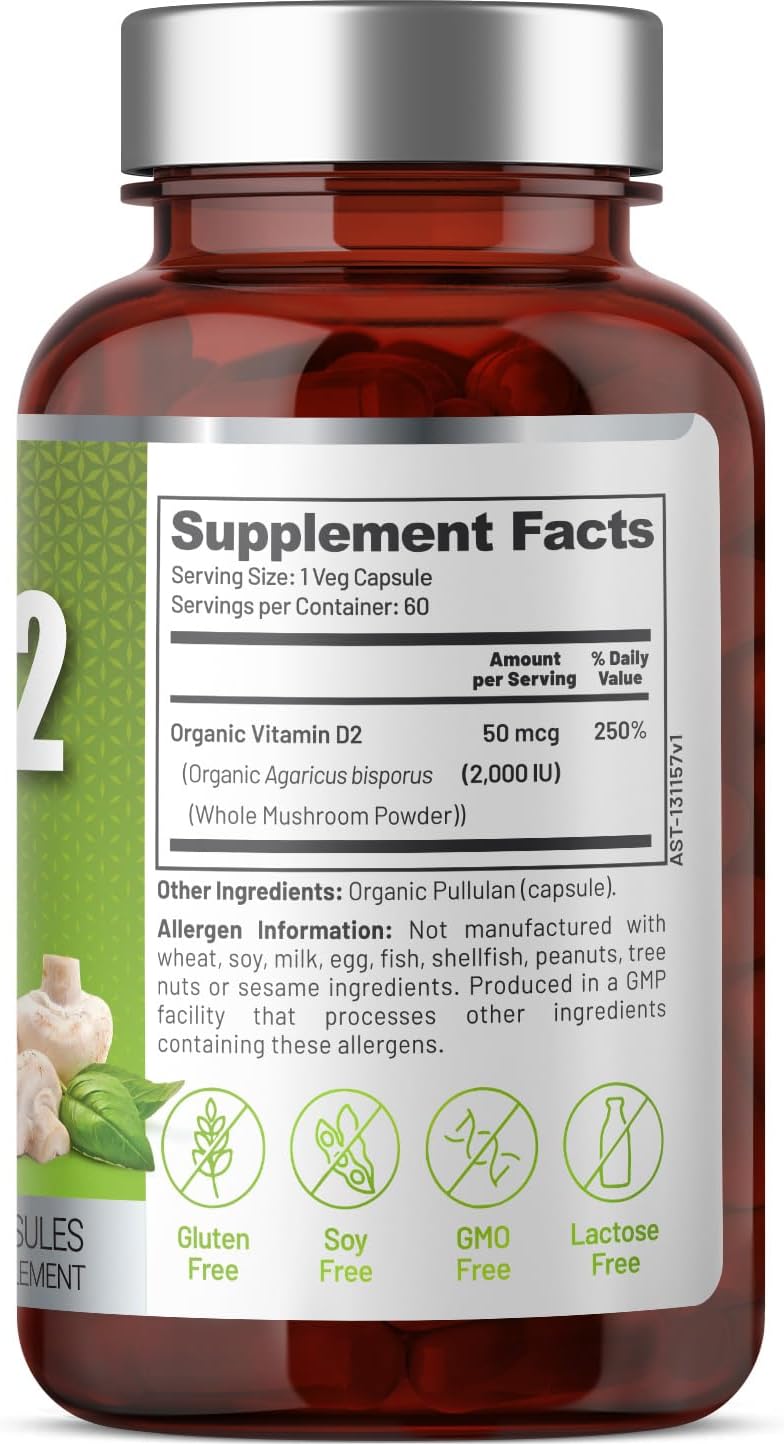 EAT INTACT Vitamina D Orgánica Vegana de Alimento Integral (D2), 2000 UI (50 mcg), Apoyo Óseo e Inmune, Champiñón Entero Expuesto a UV, 2 Ingredientes, Sin Aditivos ni Rellenos, Probado por Terceros, Suministro para 60 Días