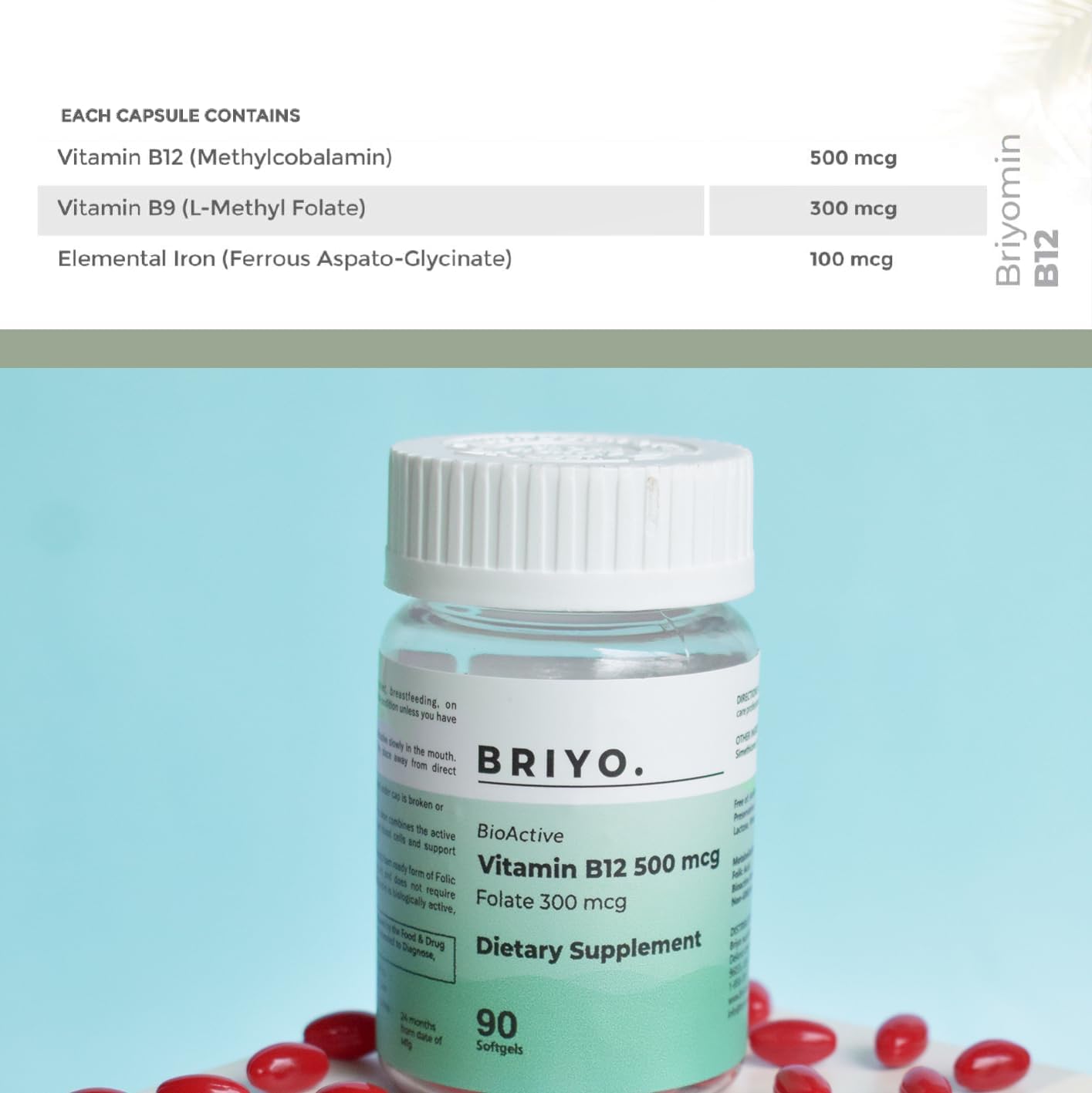 Briyo Vitamin B12 500 mcg (metilcobalamina) con Folato (metilfolato) y Hierro - 90 mini softgels