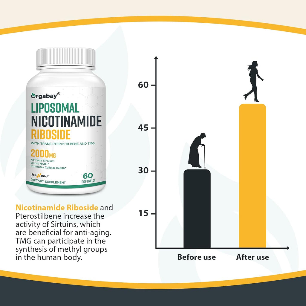 Orgabay Nicotinamida Ribósido Liposomal 2000 mg con TMG y Pterostilbeno, 120 Cápsulas Blandas