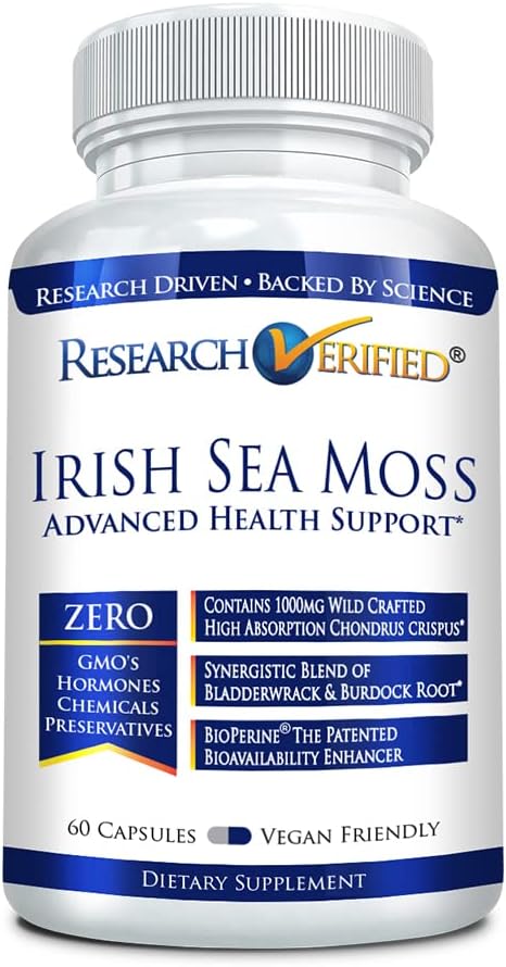 Research Verified Irish Sea Moss - Musgo de Mar, Fucus, Bardana, BioPerine - 60 Cápsulas - Vegano