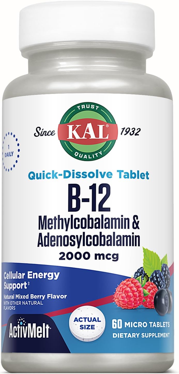 KAL Vitamina B12 Metilcobalamina y Adenosilcobalamina 2000 mcg - Complemento Alimenticio Energético, 60 Microcomprimidos ActivMelt