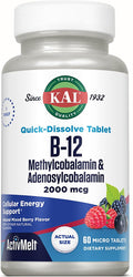 KAL Vitamina B12 Metilcobalamina y Adenosilcobalamina 2000 mcg - Complemento Alimenticio Energético, 60 Microcomprimidos ActivMelt