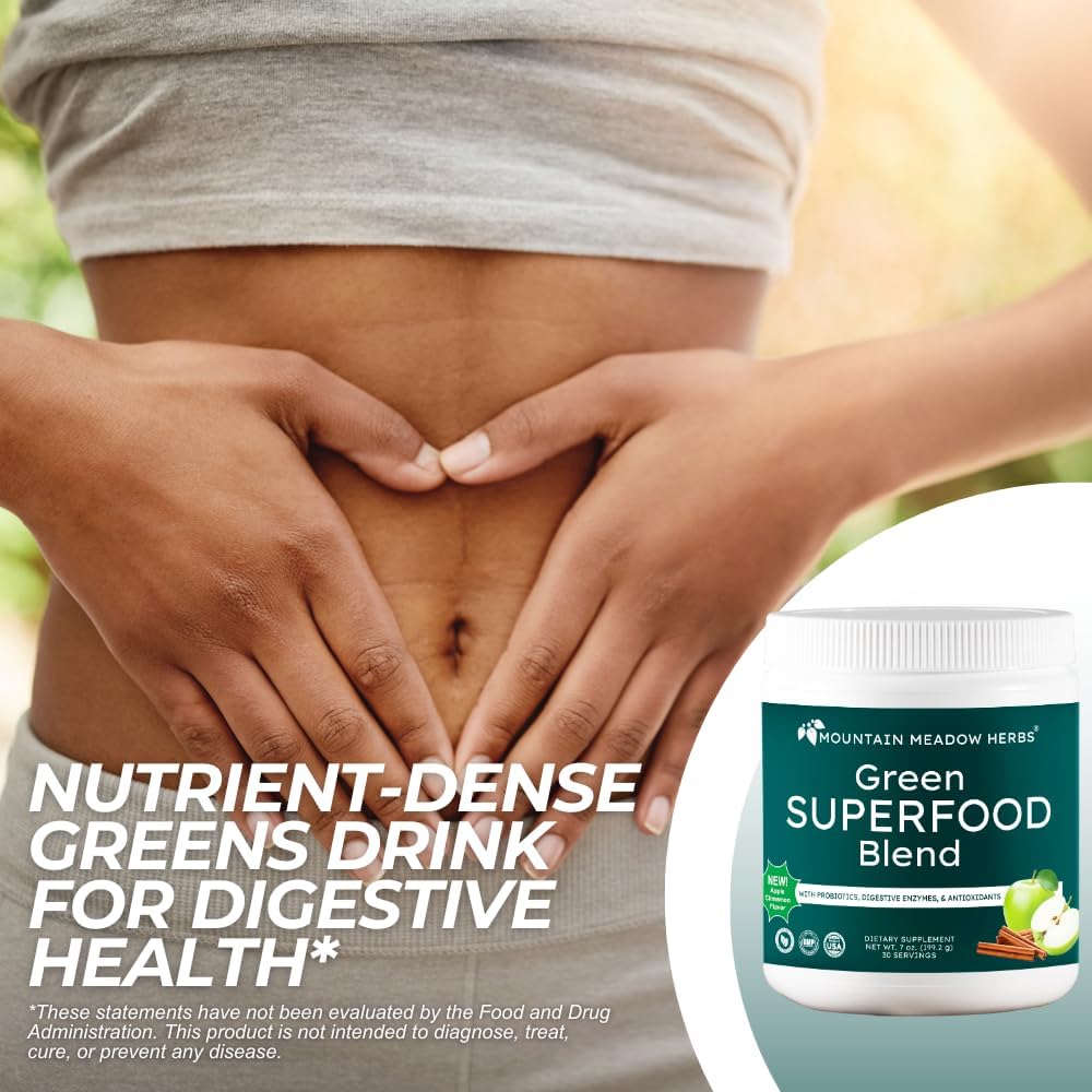 Mountain Meadow Herbs Green Superfood Blend – Mezcla de Superalimentos Verdes con Espirulina, Chlorella, Probióticos y Enzimas Digestivas – 30 porciones