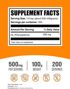 BulkSupplements.com DL-Fenilalanina en Polvo - Polvo DLPA, Suplemento de Fenilalanina - Sin Sabor y Sin Gluten, 500mg por Porción, 100g (3.5 oz) (Paquete de 1)