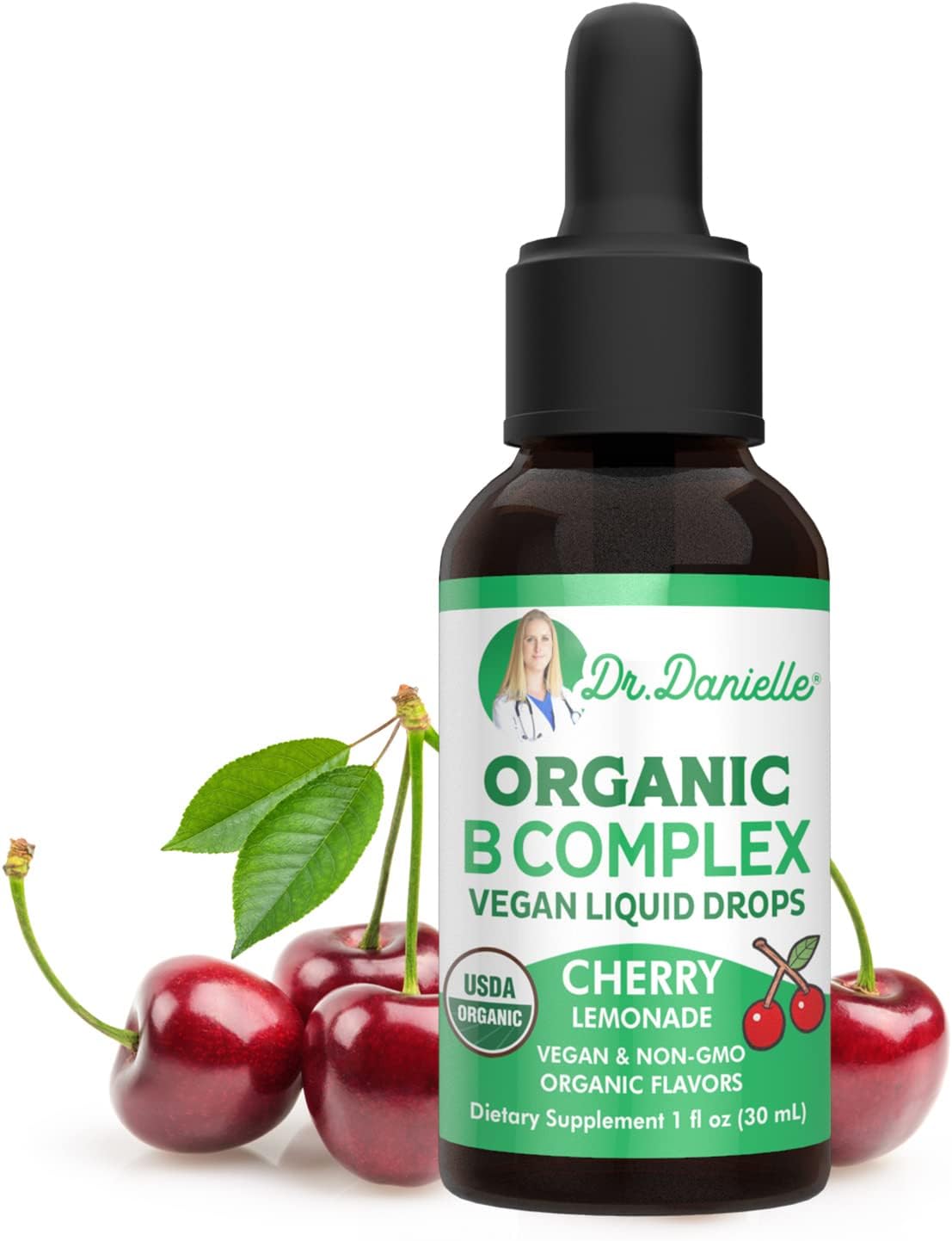 Complejo B Orgánico Líquido Gotas | Suplemento de Vitaminas B con B3, B6, B7, B9 y Metil B12 Gotas para Adultos y Niños | Sabor Cereza Vegano 1 oz | 60 Porciones / 2 Meses Suministro