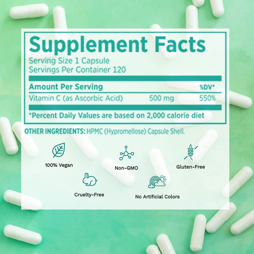 Suplemento de Vitamina C Pura - Vegano, Sin Gluten, No Transgénico - 120 Cápsulas