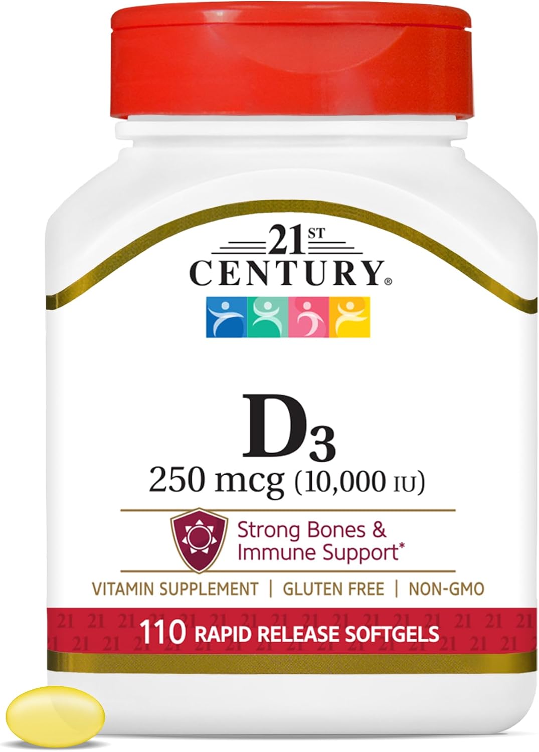 21st Century Vitamina D3 250 mcg (10.000 IU) Cápsulas Blandas de Liberación Rápida, 110 Unidades