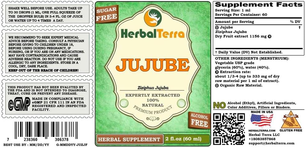 Jujube (Ziziphus Jujuba) Glicerito - Extracto Líquido Sin Alcohol - 5x60 ml