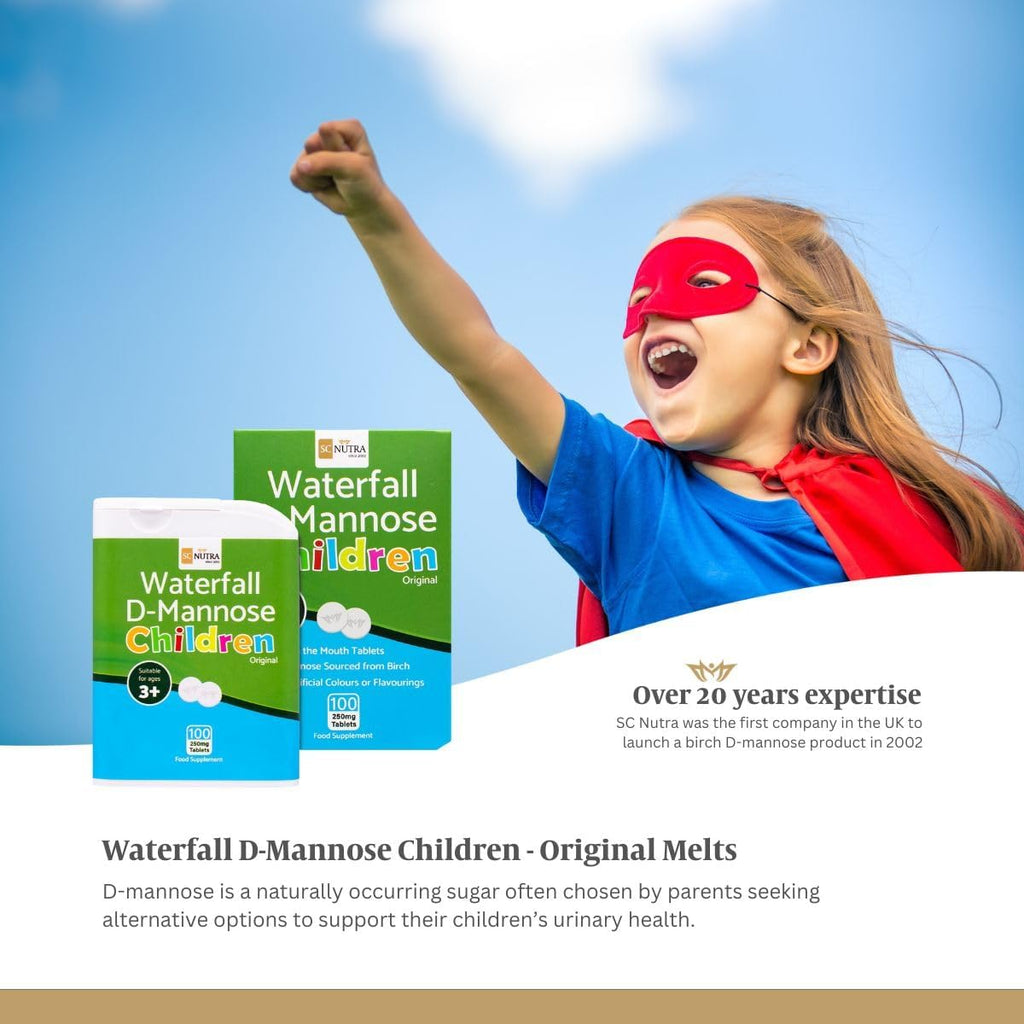 Waterfall D-Mannose Niños Original | Sin Colorantes ni Aromas Artificiales | Vegano | 250 mg Comprimidos de Disolución Oral – 100 Unidades