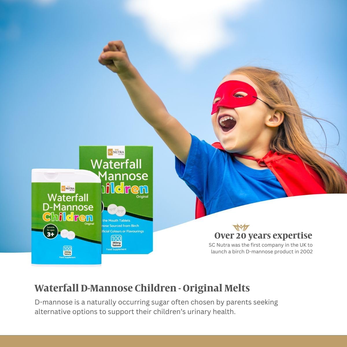 Waterfall D-Mannose Niños Original | Sin Colorantes ni Aromas Artificiales | Vegano | 250 mg Comprimidos de Disolución Oral – 100 Unidades