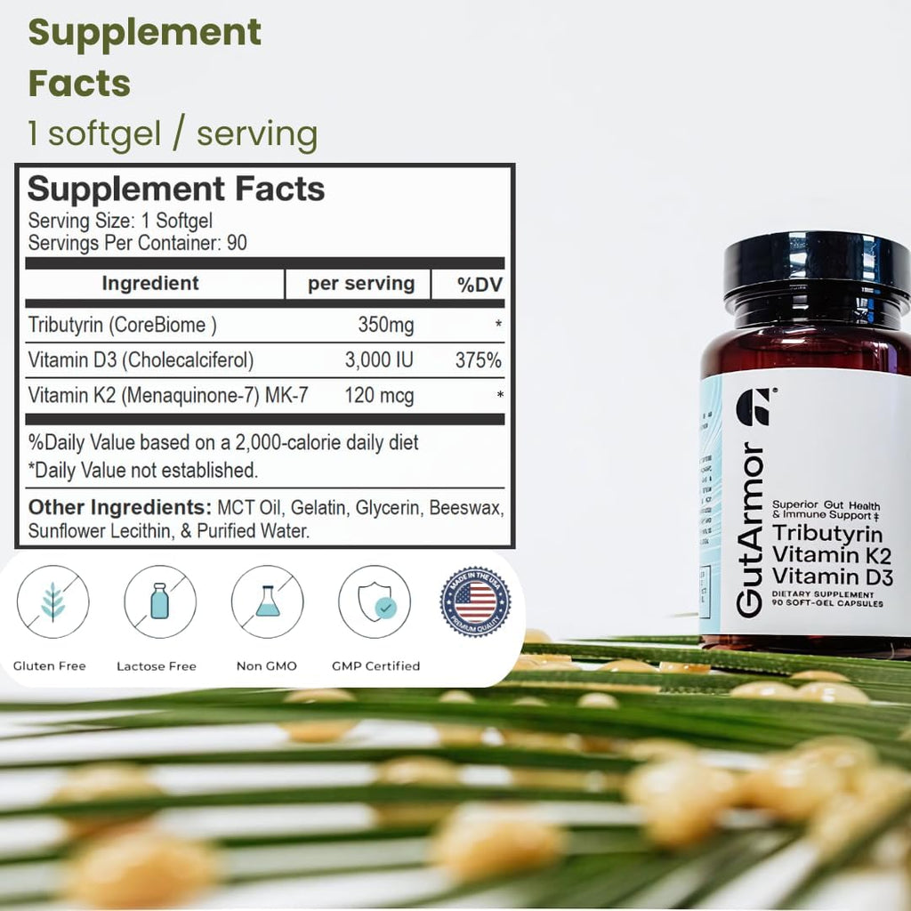 GutArmor Salud Intestinal y Cardíaca + Apoyo Inmunológico | 3 Meses | 90 Cápsulas Blandas | Butirato Puro 350mg, Vitamina D3 2000 UI y Vitamina K2 120 mcg