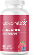 Celebrate Vitamins Masticables Multi ADEK, Sin Hierro - Multivitamínico Bariátrico Diario con Vitaminas A, D, E, K y B12 para Cirugía de Cruce Duodenal - Sabor Sorbete de Bayas (60 Comprimidos Masticables)