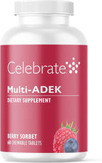 Celebrate Vitamins Masticables Multi ADEK, Sin Hierro - Multivitamínico Bariátrico Diario con Vitaminas A, D, E, K y B12 para Cirugía de Cruce Duodenal - Sabor Sorbete de Bayas (60 Comprimidos Masticables)