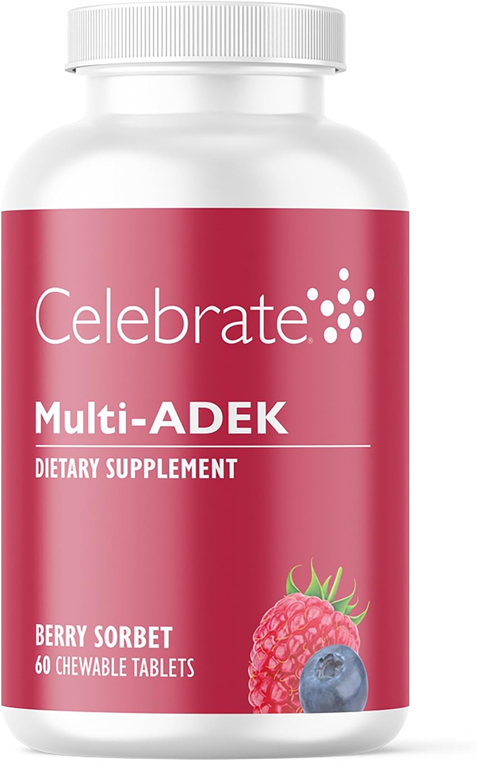 Celebrate Vitamins Masticables Multi ADEK, Sin Hierro - Multivitamínico Bariátrico Diario con Vitaminas A, D, E, K y B12 para Cirugía de Cruce Duodenal - Sabor Sorbete de Bayas (60 Comprimidos Masticables)