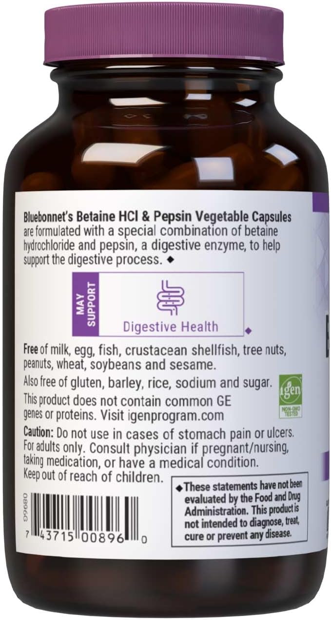 BlueBonnet Betaina HCl con Pepsina – 90 Cápsulas Vegetales