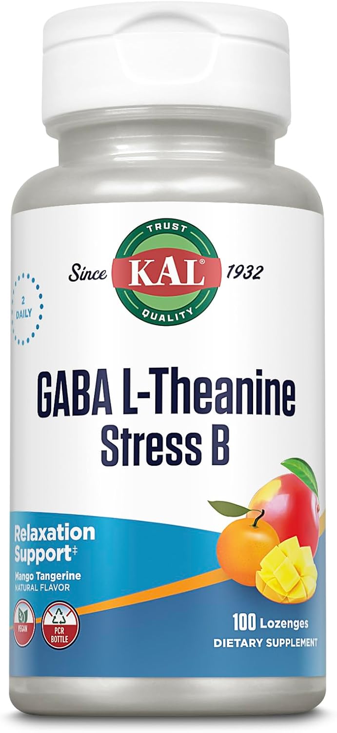 Pastillas KAL GABA L-Teanina Estrés B - Suplemento de Vitaminas B con GABA y L-Teanina - Sabor Natural a Mango y Mandarina - Vegano - 100 Pastillas