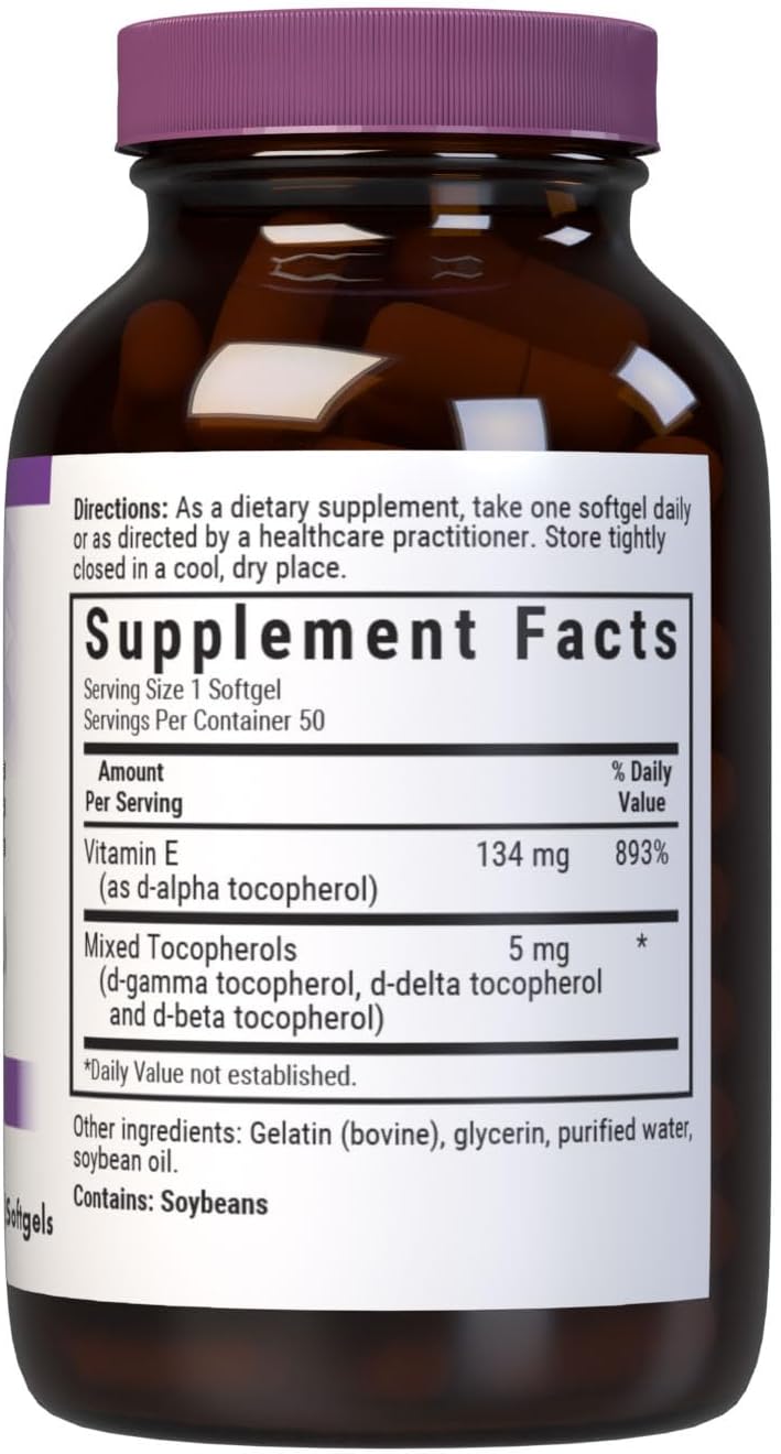 Bluebonnet Vitamin E 200 UI con Tocoferoles Mixtos, 50 Cápsulas Blandas