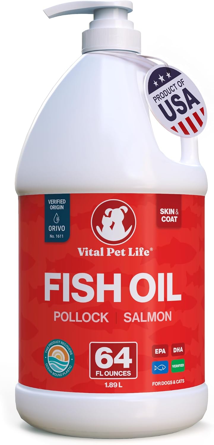Aceite de Pescado para Perros - Piel y Pelaje Saludable, Salmón y Abadejo, Omega 3 Líquido (1,89 L)