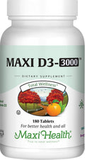 Maxi Health Vitamina D3 3000 UI 75 mcg Suplemento de vitamina D para huesos, dientes, sistema inmunitario - Suplemento de D3 fácil de tragar, no transgénico, kosher (180 comprimidos)
