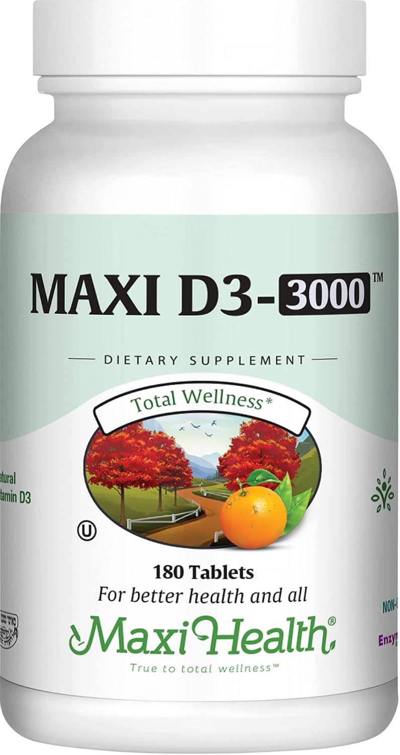 Maxi Health Vitamina D3 3000 UI 75 mcg Suplemento de vitamina D para huesos, dientes, sistema inmunitario - Suplemento de D3 fácil de tragar, no transgénico, kosher (180 comprimidos)