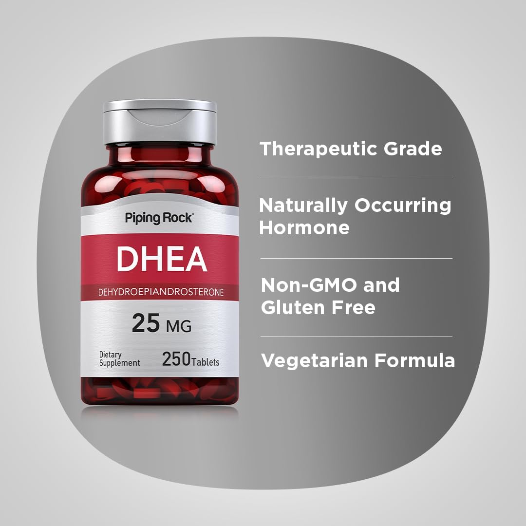 Piping Rock DHEA 25mg | 250 Comprimidos para Mujeres y Hombres | Suplemento de Dehidroepiandrosterona | No Transgénico, Sin Gluten