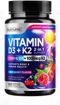 Vitamina D3 K2 Masticable, 5000 UI y K2 MK-7 100 mcg, 120 Comprimidos | Sabor a Bayas