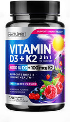 Vitamina D3 K2 Masticable, 5000 UI y K2 MK-7 100 mcg, 120 Comprimidos | Sabor a Bayas