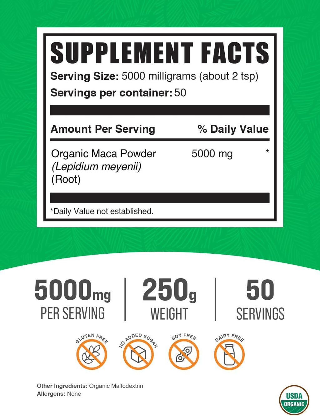 BulkSupplements.com Maca Orgánica en Polvo - Raíz de Maca Orgánica, Superalimento, Sin Gluten, 5g por Ración, 250g