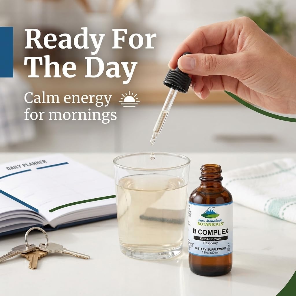 Pure Mountain Botanicals Complejo B Líquido - Vitaminas B12 y B6 - Sabor Frambuesa - Kosher No GMO - 30 Dosis