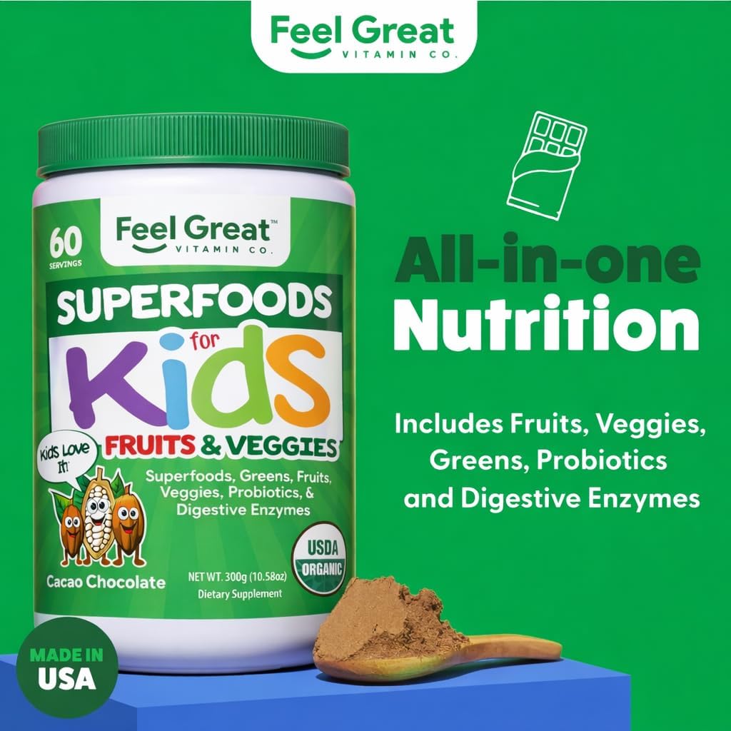 Feel Great Super Greens en Polvo Orgánico USDA para Niños, Sabor Chocolate, Suplemento de Frutas y Verduras con Probióticos y Enzimas Digestivas, 60 Días