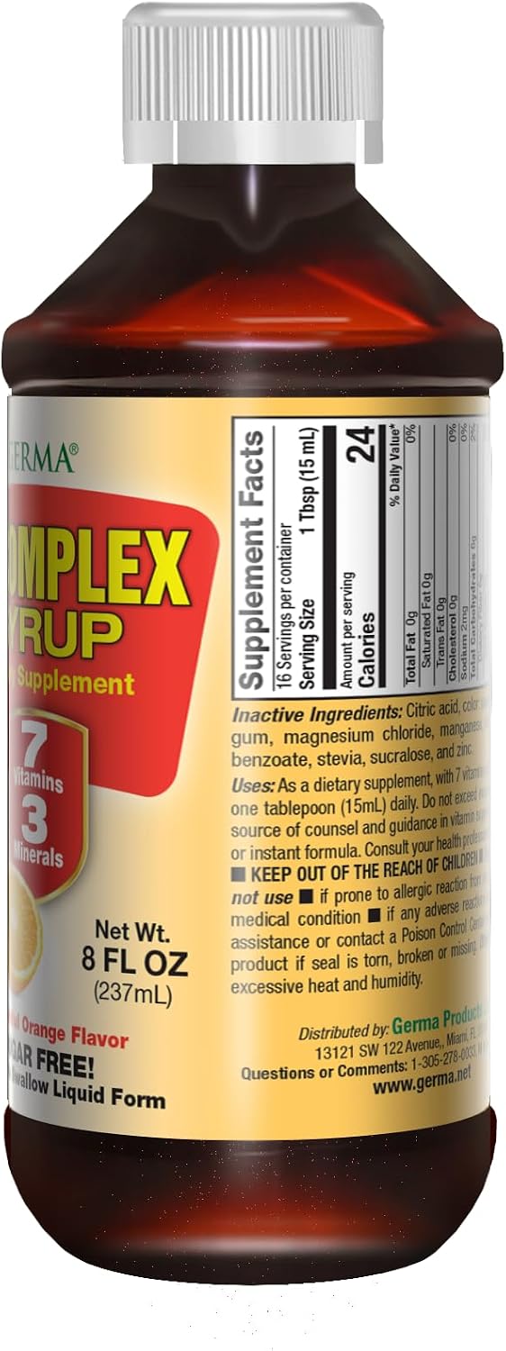 Germa Jarabe Complejo B - Suplemento de Vitaminas B, Sin Azúcar, Sabor Naranja, 237 ml