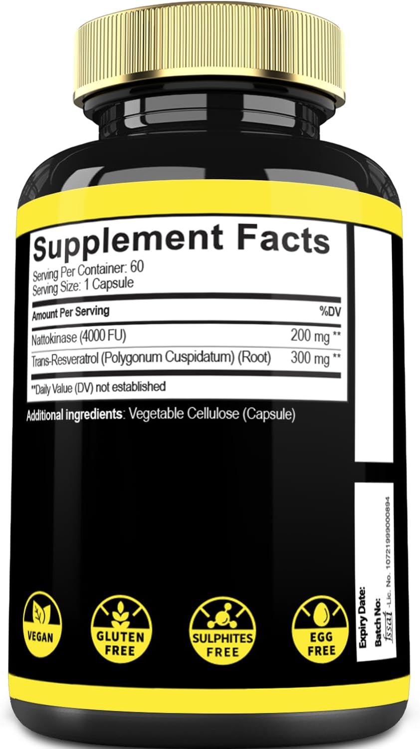 Mecisco Nattokinase con Trans-Resveratrol - 60 Cápsulas - No OGM, Sin Gluten