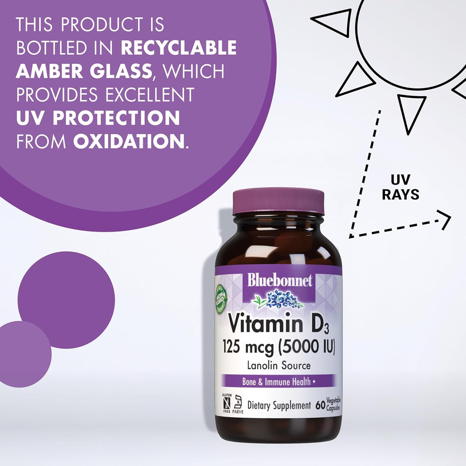 Bluebonnet Vitamina D3 5000 UI – 120 Cápsulas Vegetales – Sin Soya, Sin Gluten, No-GMO