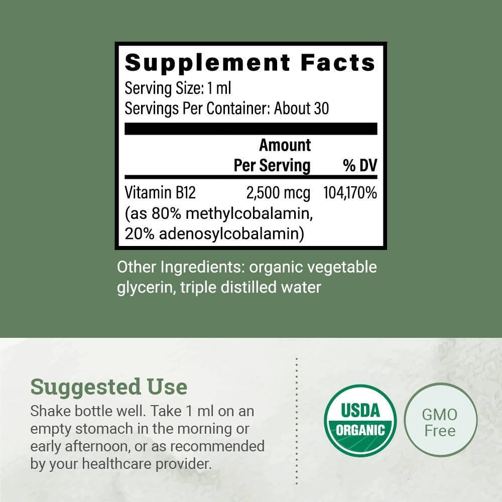 Suplemento Líquido Sublingual de Vitamina B12 2000mcg - Orgánico USDA, Metilcobalamina Vegano (2-Pack, 2x30ml)