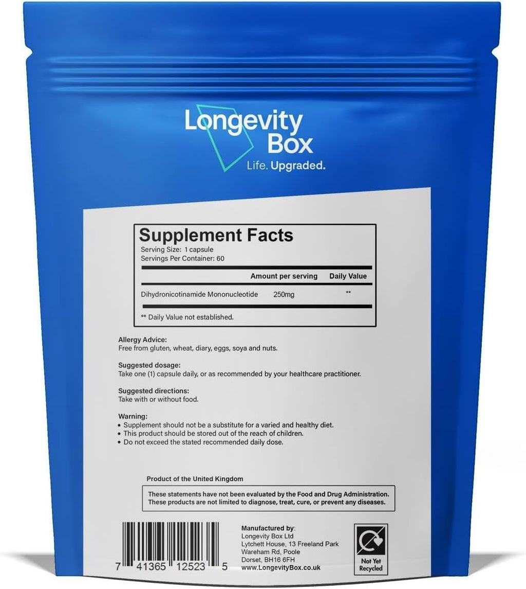 Longevity Box NMNH 250 mg - Alternativa al NMN, Mononucleótido de Dihidronicotinamida más Potente para Energía Celular, Reparación del ADN y Envejecimiento Saludable - 60 Cápsulas Avanzadas