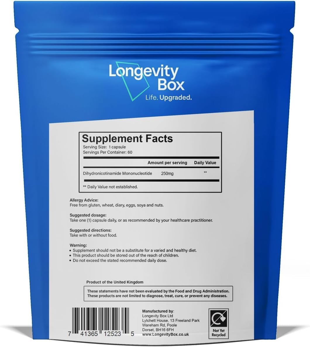 Longevity Box NMNH 250 mg - Alternativa al NMN, Mononucleótido de Dihidronicotinamida más Potente para Energía Celular, Reparación del ADN y Envejecimiento Saludable - 60 Cápsulas Avanzadas