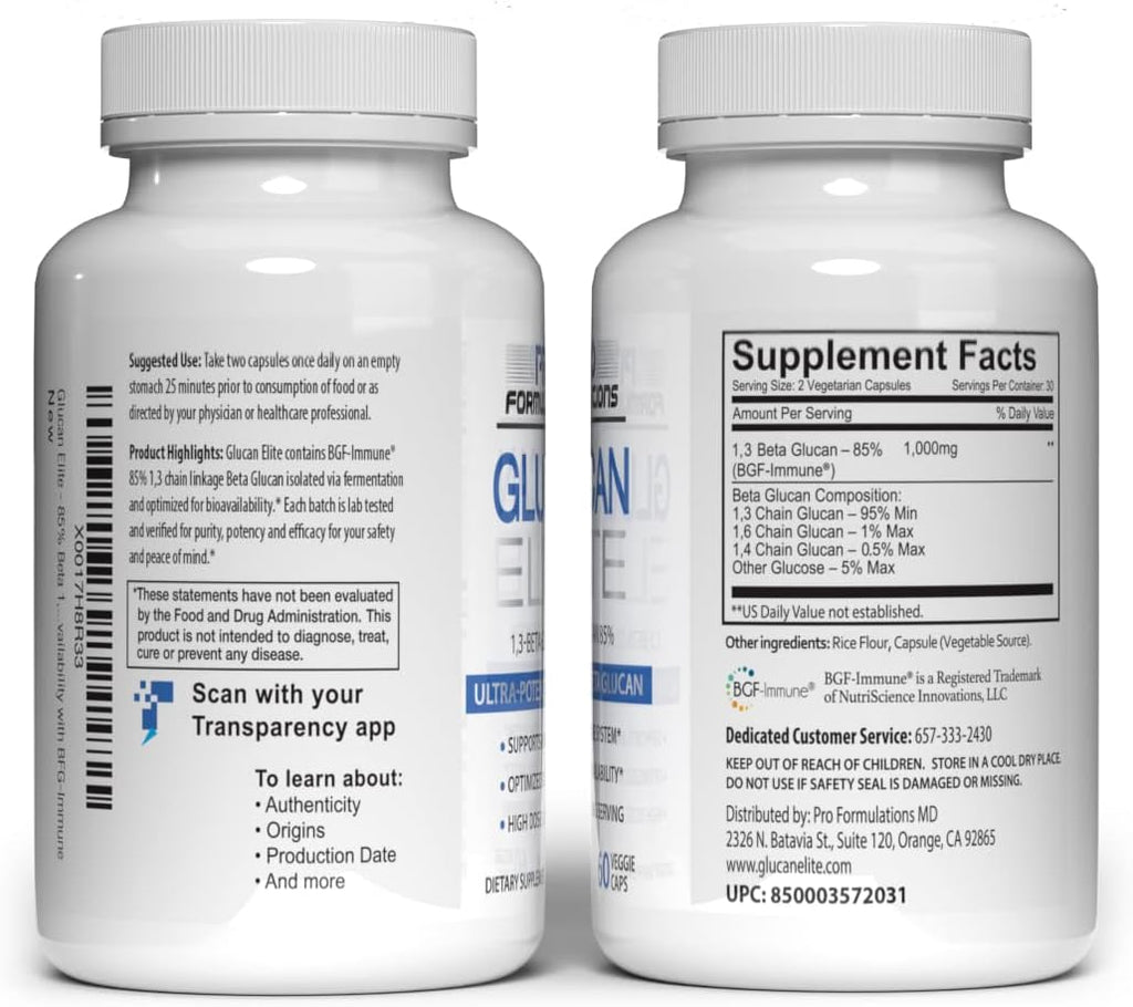 Glucan Elite – 85% Beta 1,3D Glucan 500mg – 60 Cápsulas Veganas – Potencia Máxima