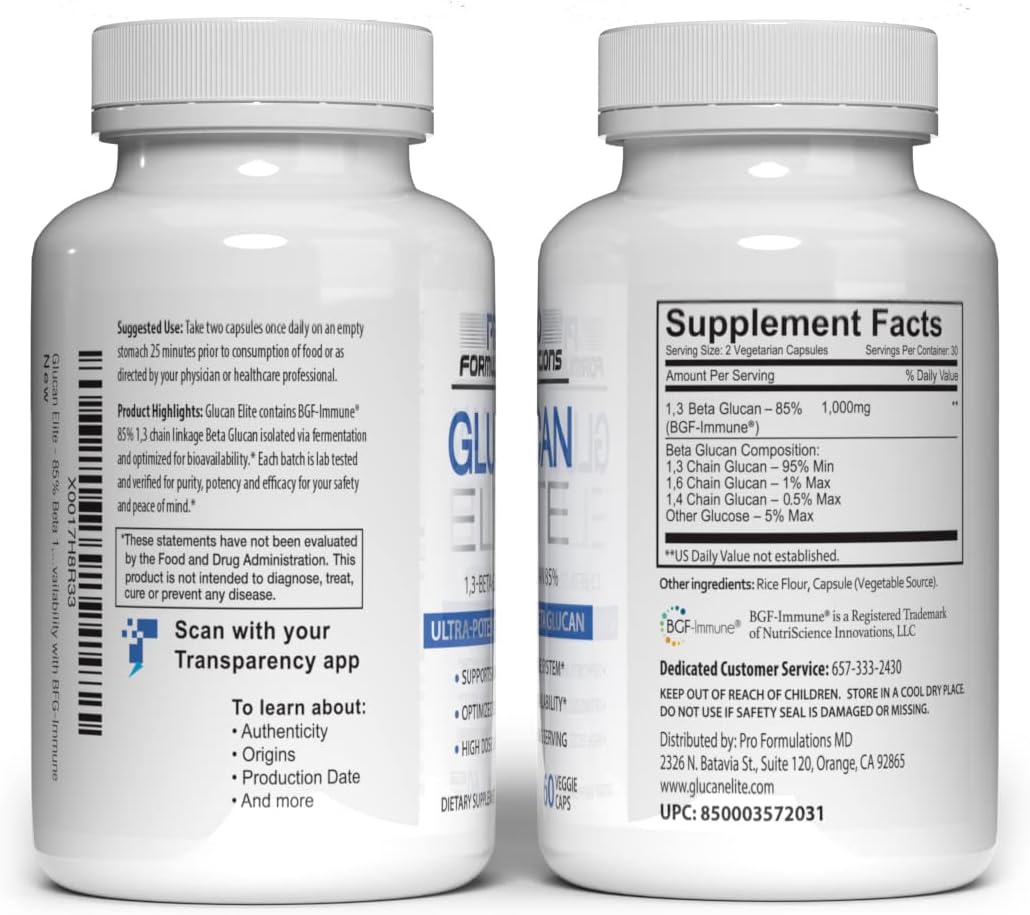 Glucan Elite – 85% Beta 1,3D Glucan 500mg – 60 Cápsulas Veganas – Potencia Máxima
