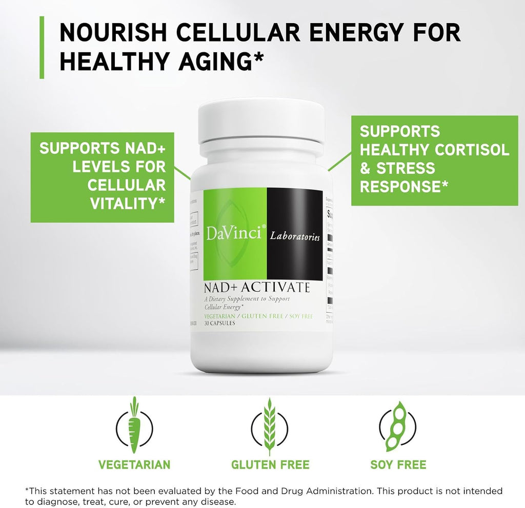 DAVINCI Labs NAD+ Activate - Suplemento NAD con Vitamina C y Niacina - 30 Cápsulas - Sin Gluten, Sin Soja, Vegetariano