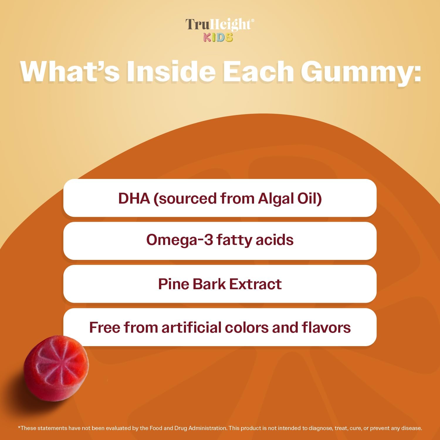 TruHeight Kids Brain Growth Gummies - Gominolas de Omega 3 y DHA para el Desarrollo Cerebral (Naranja, 2+ años)