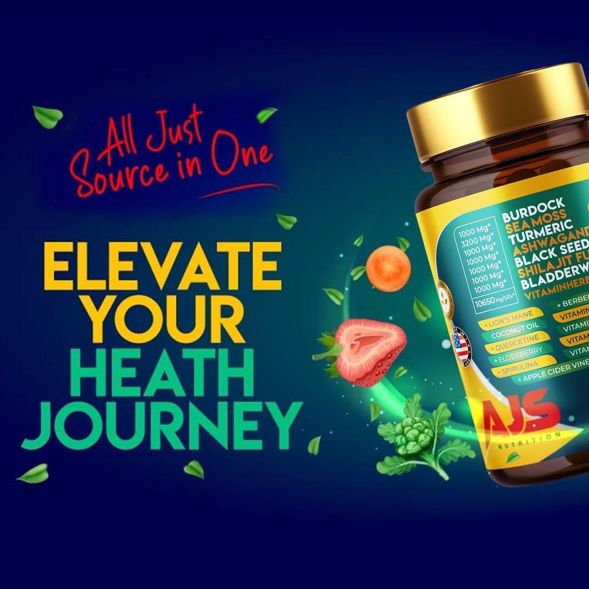 AJS Sea Moss Capsules 3200mg con Shilajit, Ashwagandha y Hierbas - 90 Cápsulas