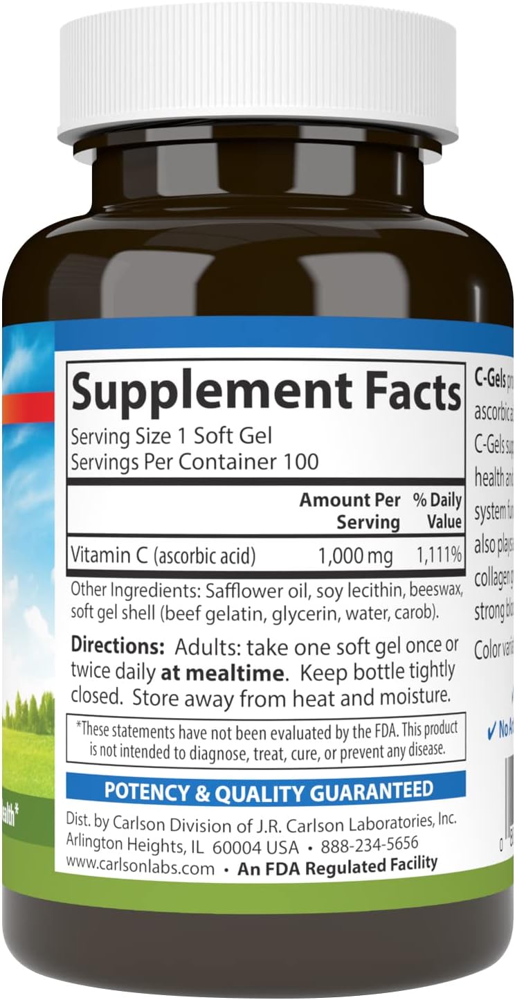 Carlson C-Gels, 1000 mg, Vitamina C en cápsulas blandas, 100 cápsulas