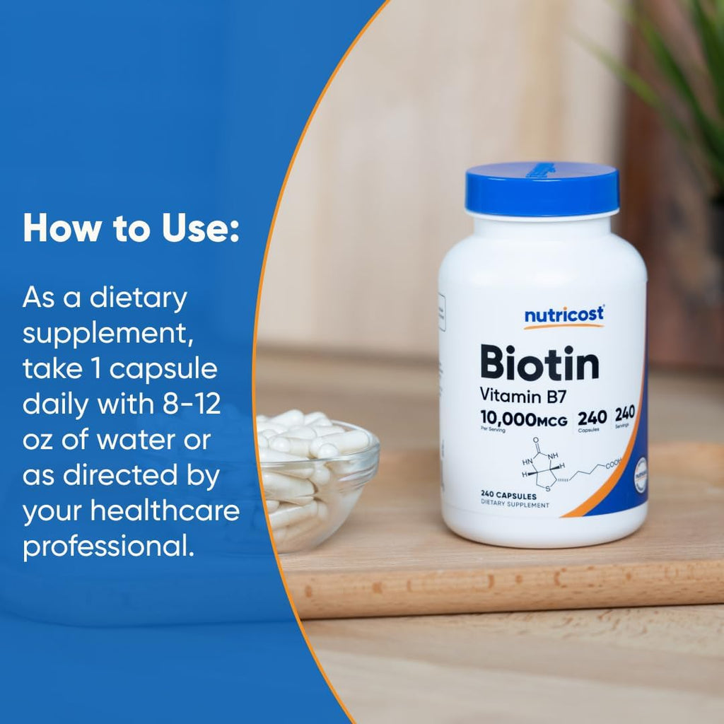 Nutricost Biotin (Vitamin B7) 10,000 mcg, 240 Capsules - Vegan, Gluten-Free Supplement
