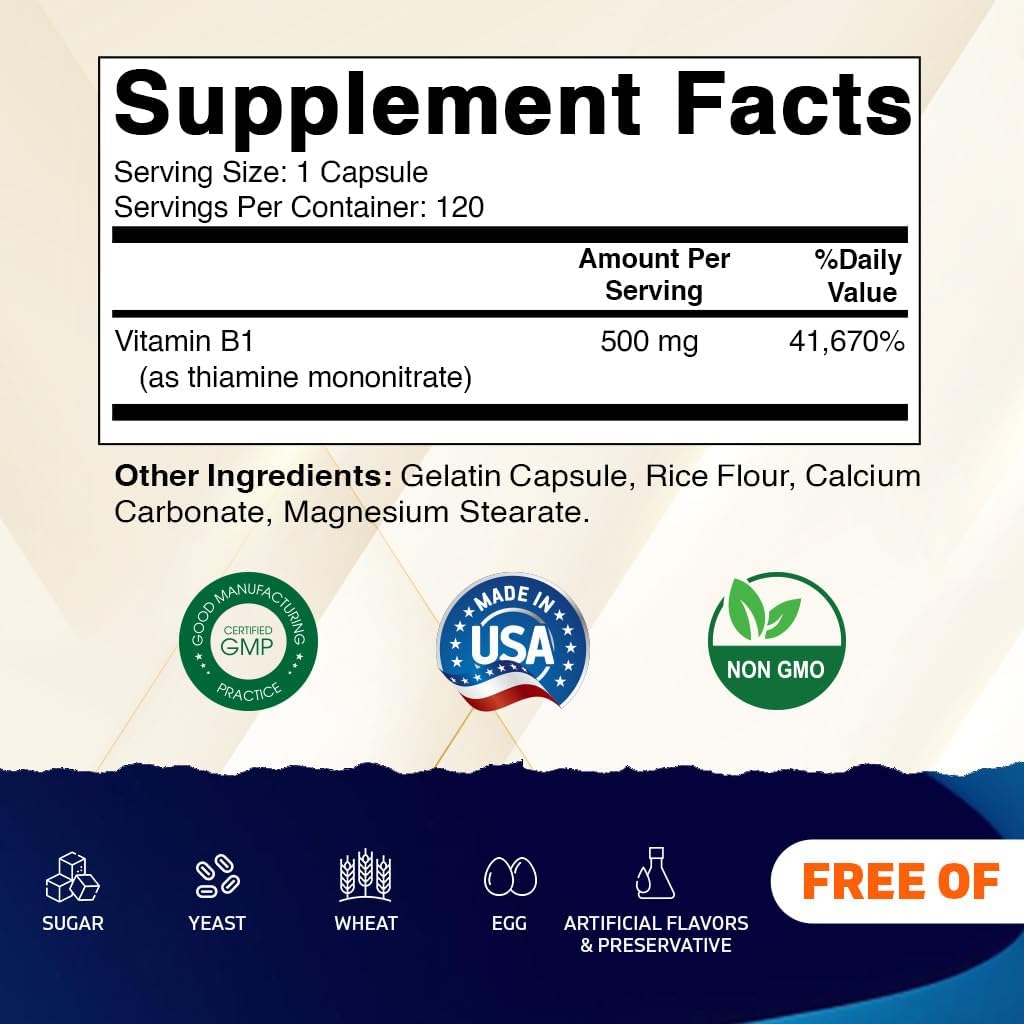 Vitamina B1 500 mg (Mononitrato de Tiamina) 360 Cápsulas (Pack de 3)