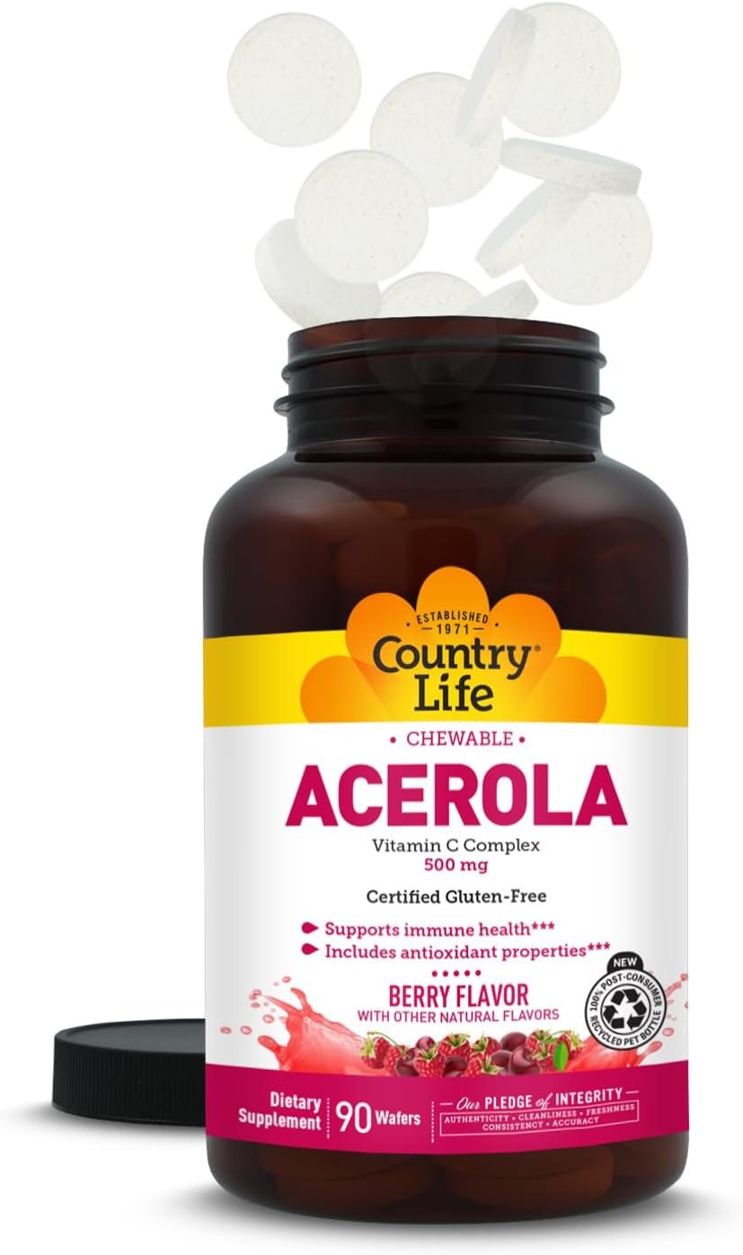 Country Life Acerola Vitamin C Complex 500mg, Obleas Masticables Sabor Baya con Bioflavonoides Cítricos y Escaramujo - 90 Obleas