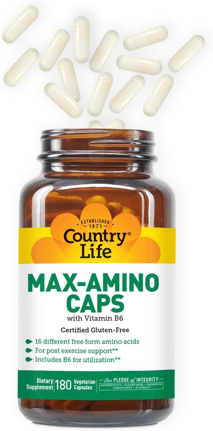 Country Life Maxi-Amino Caps – 16 Aminoácidos Libres – 180 Cápsulas Vegetales